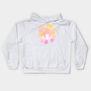 Magic mushrooms and flowers, pink and yellow gradient Kids Hoodie